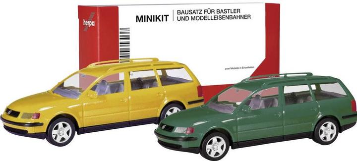 Herpa 012249-007 H0 PKW Modell Volkswagen Passat Variant B5, honiggelb und moosg