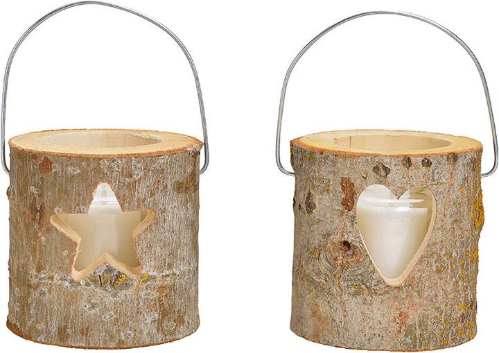 Image du produit G. Wurm Lanternes, décor coeur, étoile, avec verre, bougie verre 6,5x8,3cm, bougie 4,5x5cm en bois brun, 2