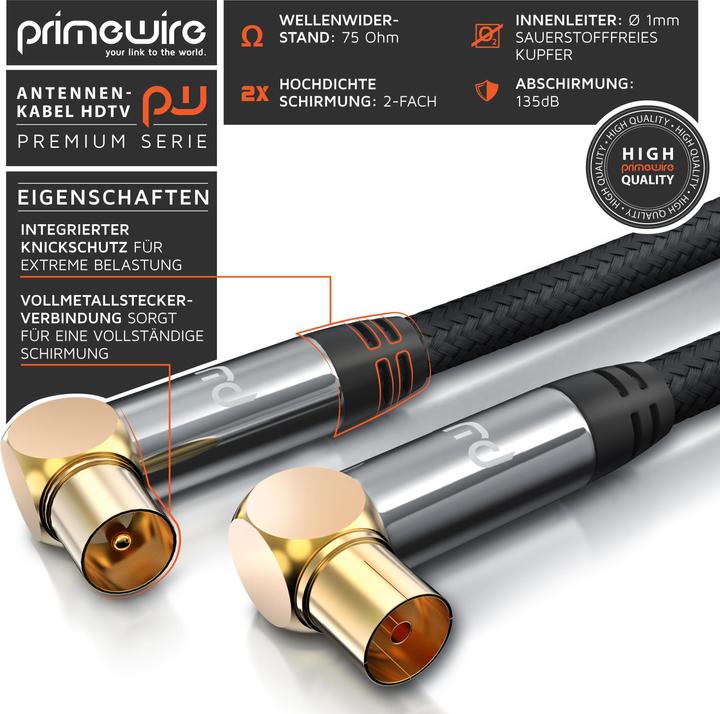 Actual product image Primewire HDTV antenna cable angled with braiding, premium coaxial cable 135dB / 75 Ohm, TV cable, 4K HDTV (135 dB, Antenna cable)