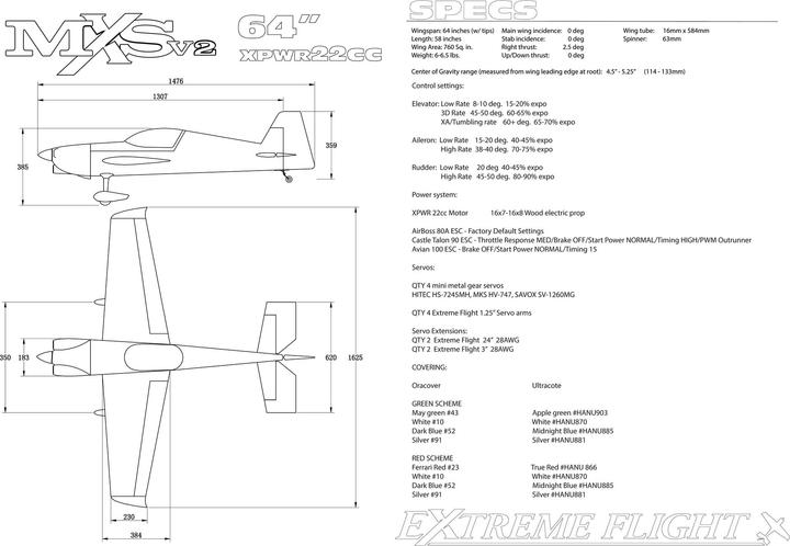 Produktbild Extremeflight-RC mxs 64" v2 plus grün/weiss arf mit tragflächen-schnellverschluss
