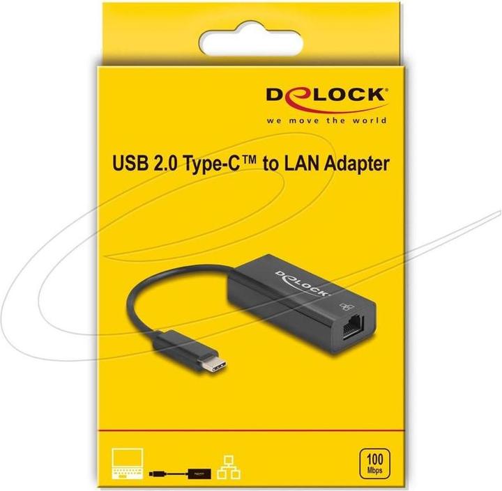 Image du produit Delock USB 2.0 Type-C Adapter zu 10/100 Mbps LAN (USB 2.0, RJ45 (1x))