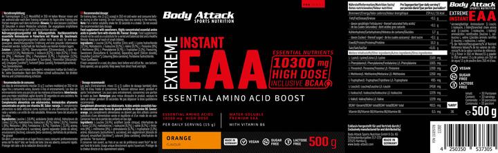 Nutritional values and ingredients Body Attack Extreme Instant EAA (500g tin) (Orange, 1 pcs., 500 g)