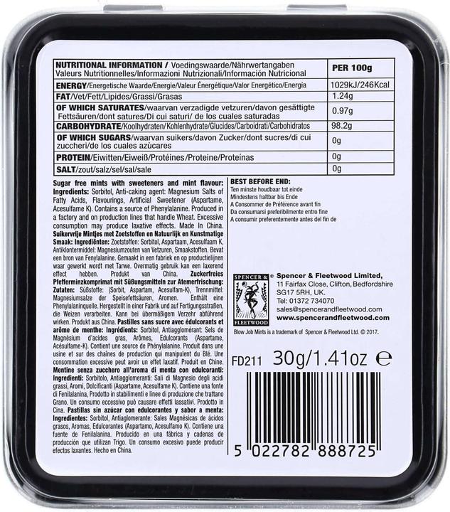 Valori nutrizionali e ingredienti Spencer & Fleetwood Mentine per pompini (1 pz., 30 g)