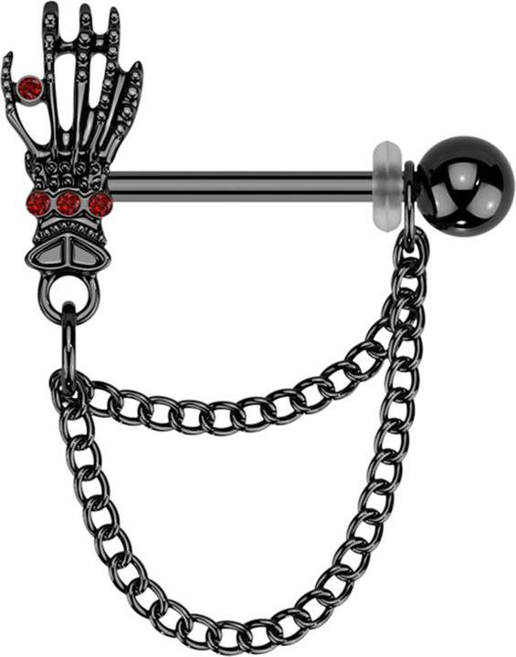 Star Piercing Barbell schwarz mit Kugel und Skeletthand Kristalle rot Anhänger zwei Ketten links (Chirurgenstahl 316L, Messing)