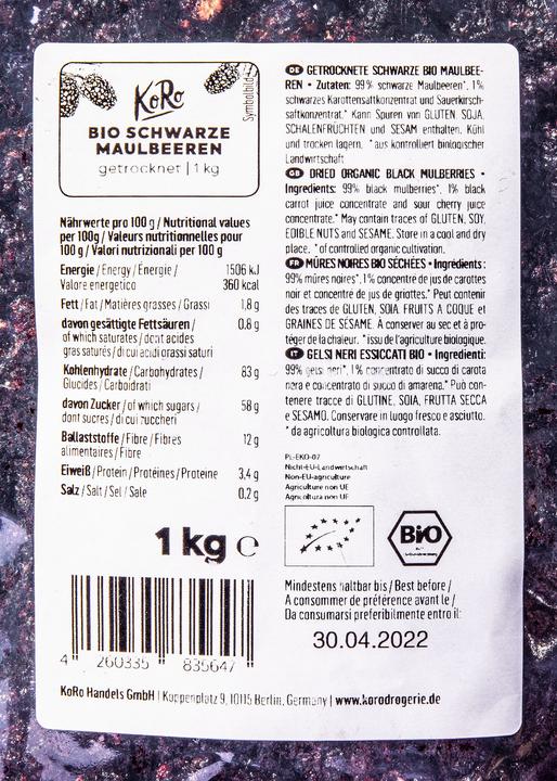 Nutritional values and ingredients KoRo Organic dried black mulberries (1000 g)