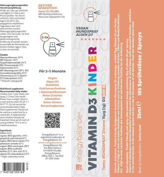 Nutritional values and ingredients Energybalance Vitamin D3 children (1 Piece, Spray, 0.03 g)