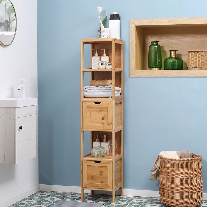 Produktbild Swisshandel24 Badezimmerschrank Bambus, 3 Regale, 2 Schubladen, Kippschutz (30 x 30 x 140 cm)