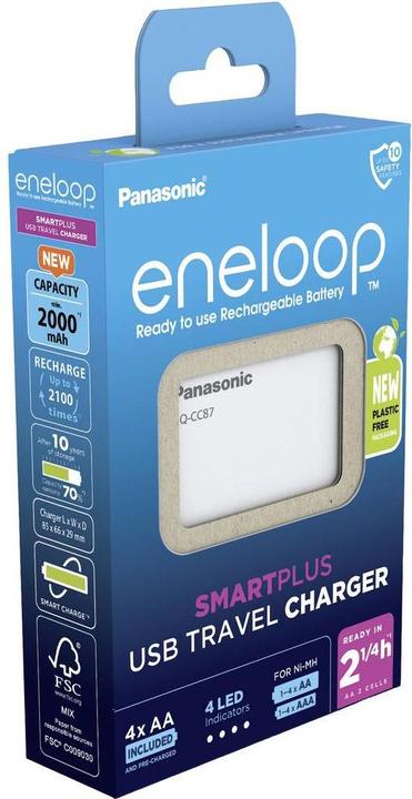 Produktbild Panasonic eneloop Smart Plus USB Travel Charger BQ-CC87 (4 Stk., AA, AAA, 2000 mAh, Ladegerät inkl. Akku)
