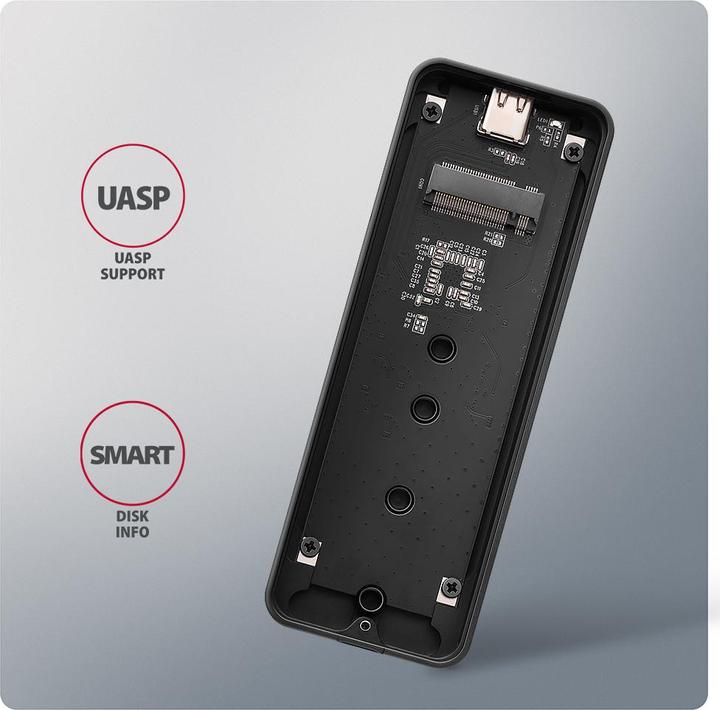 Actual product image Axagon EEM2-20G NVMe SSD enclosure, USB-C 3.2, 20 Gbps, 2230 - 2280 - black (M.2 2230, M.2 2260, M.2 2280, M.2 2242)