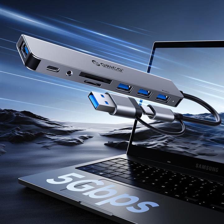 Produktbild Orico Converter YSA2-U3 USB-A/USB-C Hub Docking Station 1x USB-A 3.0 + 6x USB-A 2.0 - Gray (USB-A, USB-C, 7 Ports)