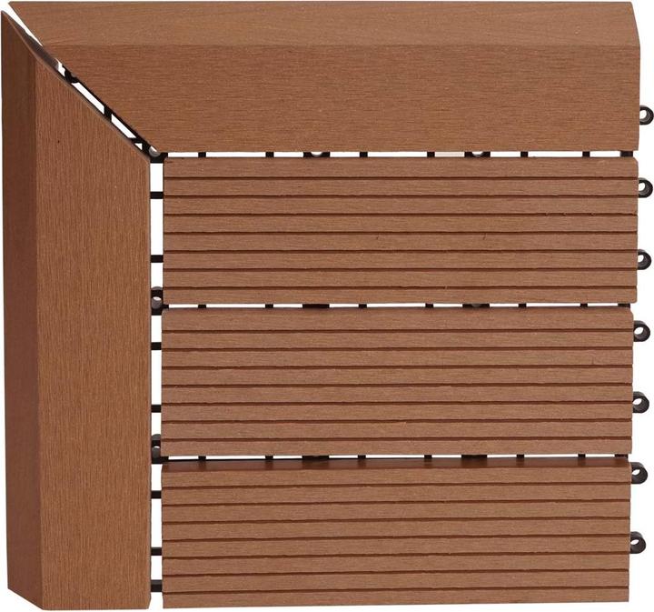 Produktbild Swisshandel24 WPC Eck-Bodenfliese Rhone + Abschluss, Holzoptik Terrasse, 30x30cm Premium Ecke rechts, teak linea (1 x, 30 x 30 cm)