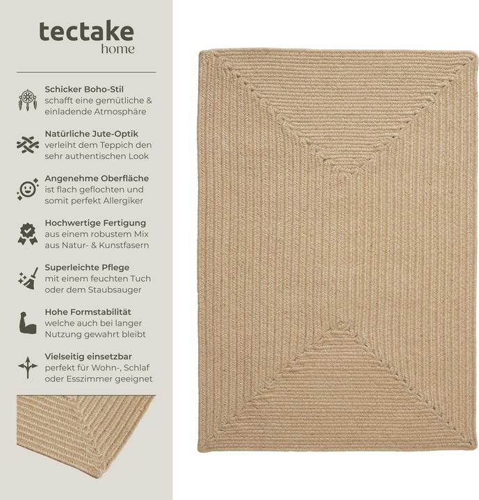Produktbild tectake Geflochtener Teppich Vibe aus Jute, Boho-Stil (90 x 60 x 0.5 cm)