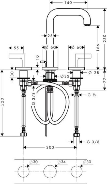Produktbild Axor Citterio 3-Loch Waschtischarmatur 170, Zugstangen-Ablaufgarnitur, Auslauf 140mm, Heb