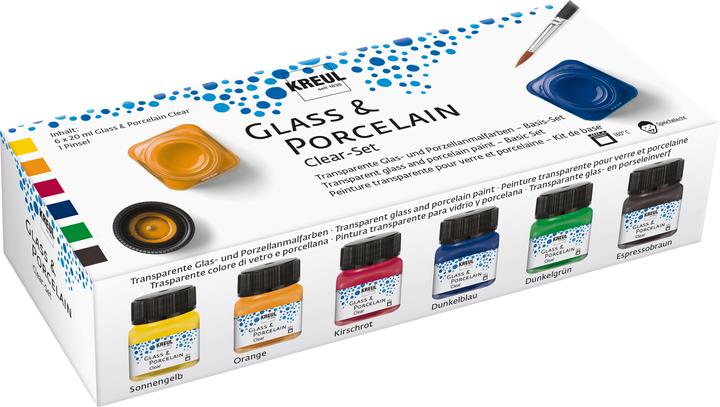Actual product image Kreul glass & porcelain clear, set of 6 (Dark green, Cherry red, Sun yellow, Espresso brown, Dark Blue, Orange, 120 ml)