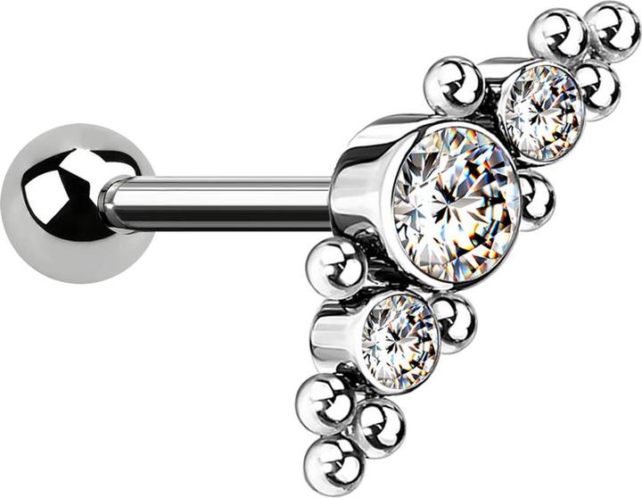 Actual product image Star Piercing Micro Threadless Barbell silber mit Kugel und mittig mit Kugeln und drei Kristallen silber (without brass, Titanium G23)