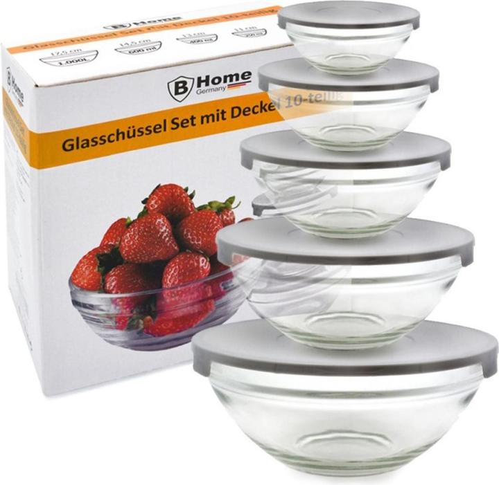 Actual product image B-Home Set of 5 glass bowls with lids (1 l, 5 x)
