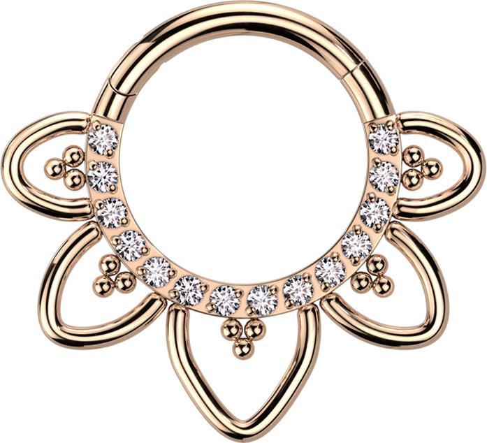 Produktbild Star Piercing Micro Segmentring klappbar rosegold front Kristalle silber filigrane Herzen (Titan G23)