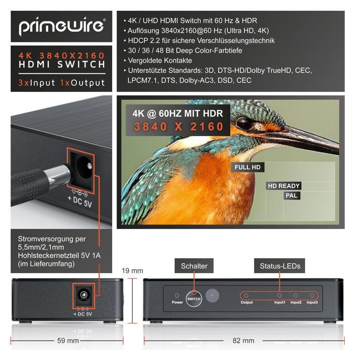 Immagine prodotto Primewire Switch HDMI 2.0b a 3 porte, distributore 4k 60Hz UHD, Ultra HD 4096x2160 HDR, telecomando