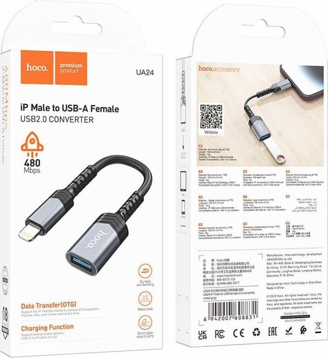 Immagine prodotto Hoco Cable adapter iPhone Lightning 8-pin (male) to USB (female) 3.0 UA24 black (USB 3.0)