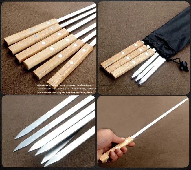 Actual product image MU Classic Stainless steel barbecue skewers with wooden handle 55cm set of 6