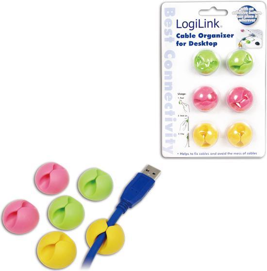Produktbild LogiLink Kabel-Clip, selbstklebend, in rosa, grün & gelb Durchmesser: bis max. 9 mm, zur Fixierung von Kabeln