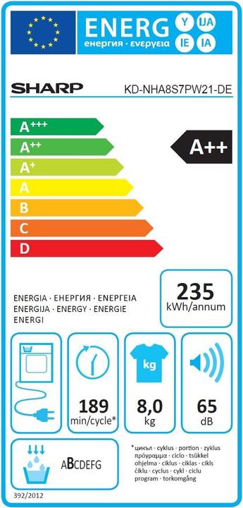 Energie-Label Sharp KD-NHA8S7PW21-DE (8 kg, Rechts)
