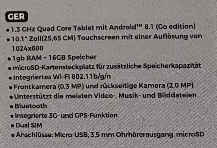 Valori nutrizionali e ingredienti Denver Tablet TAQ-10403G (3G, 10.10", 1 GB, Nero)