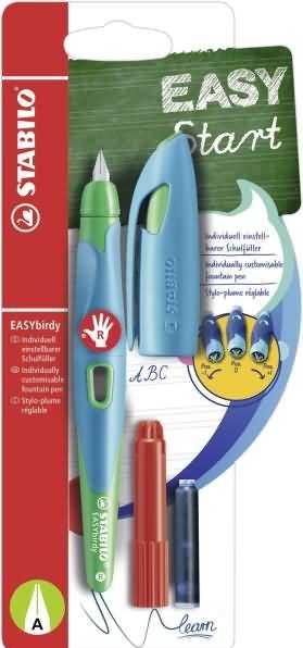 STABILO Ergonomischer Schulfüller für Rechtshänder mit Anfänger-Feder A - EASYbirdy in himmelblau/gr (Himmelblau, Grün, 1 x)