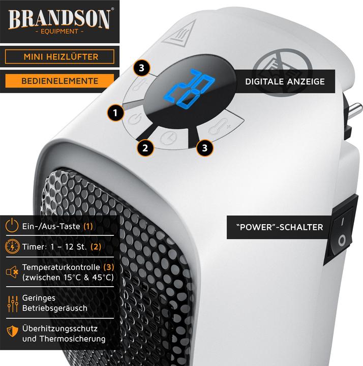 Produktbild Brandson Steckdosen Mini Heizlüfter 400W, Keramikheizlüfter, Badezimmer Mini Heizgerät mit Temperaturregelung (400 W)