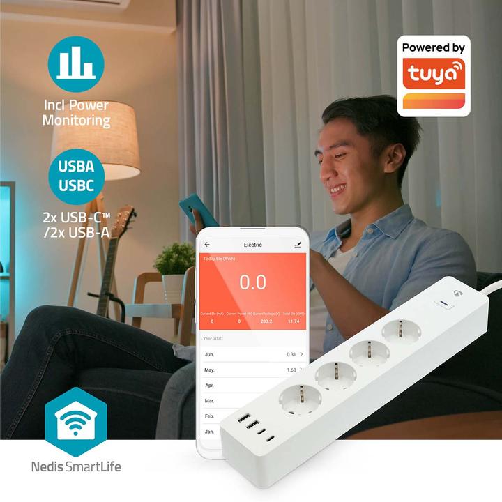 Immagine prodotto Nedis SmartLife Power Strip Wi-Fi | Hybrid (CEE 7/7) / USB A / USB-C™ | 16 A | 3680 W | 2.00 m | 0 -