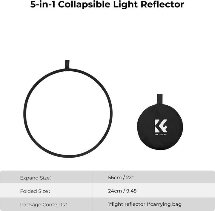 Produktbild K&F Concept 5 in 1 Circular Photography Reflector 56cm Gold Sliver Black White Translucent Panel Five Ligth Effe