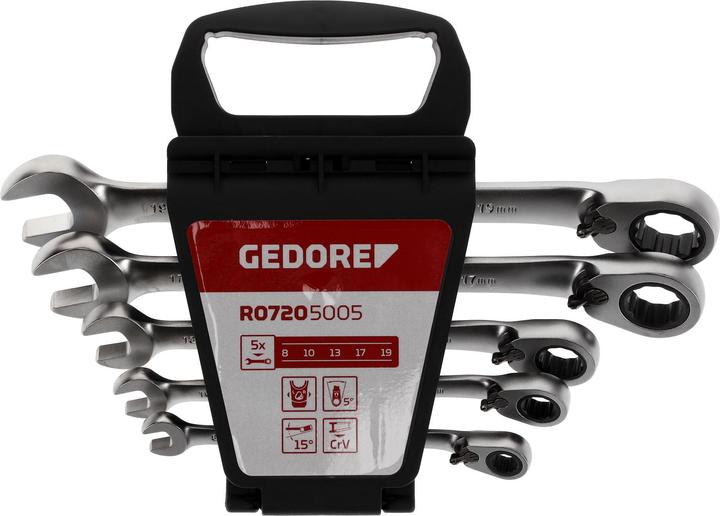 Actual product image Gedore Red Combination ratchet open-end wrench set reversible. metric 5 pieces (19 mm, 8 mm, 15 mm, 10 mm, 14 mm, 12 mm, 18 mm, 13 mm, 9 mm, 16 mm, 11 mm, 17 mm)