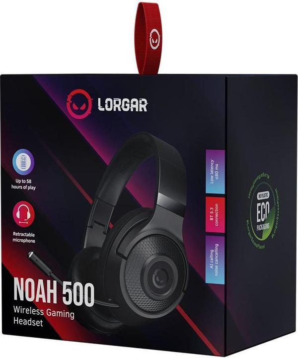 Image du produit Lorgar Noah 500, casque de jeu Bluetooth, 58 heures d'autonomie, faible latence, réduction du bruit (ANC, 58 h, Sans fil)