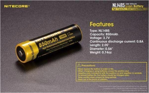 Actual product image Nitecore Li-Ion battery type 14500 - 850mAh - NL1485