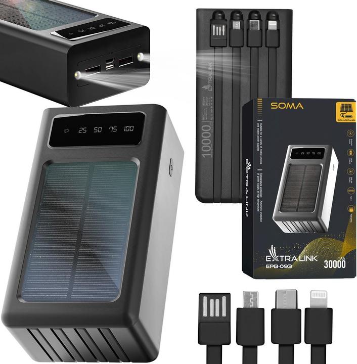 Image du produit Extralink EPB-093 30000mAh Czarny | Banque de puissance | Banque de puissance solaire, USB-C (30000 mAh, 10 W, 111 Wh)