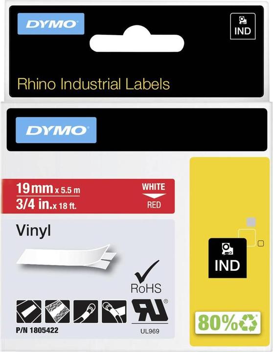 Energy Label Dymo Rhino 19mm white on red vinyl (1.90 cm, Red)