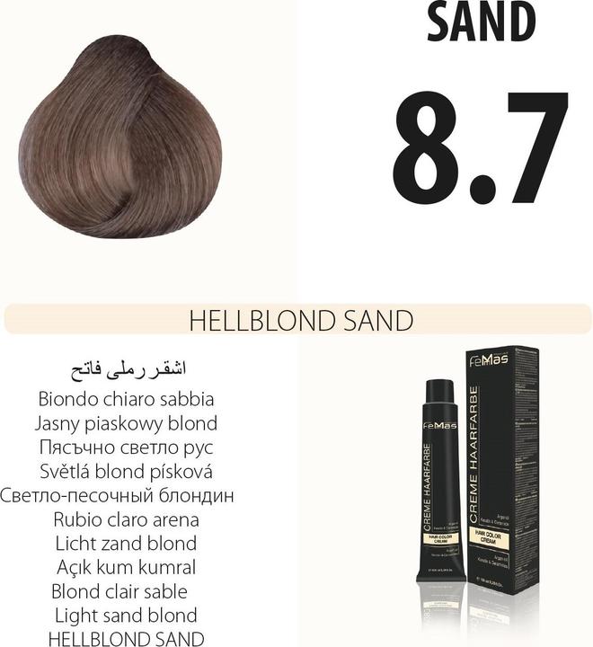 Immagine prodotto FemMas 8.7) Tinta per capelli biondo chiaro sabbia 100ml (Sabbia bionda chiara)
