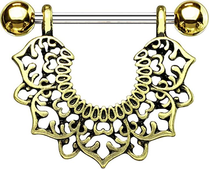 Produktbild Star Piercing Barbell silber mit zwei Kugeln 14k vergoldet filigrane Blume (Chirurgenstahl 316L, Messing)