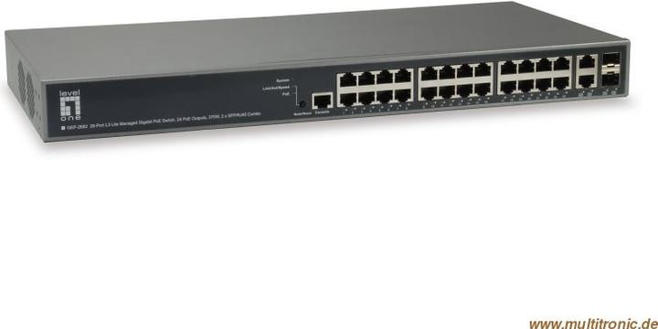 Immagine prodotto LevelOne Switch L3 Lite Managed Gigabit PoE a 26 porte 24 uscite PoE 370W 2 x SFP/RJ45 Combo (26 Porti)