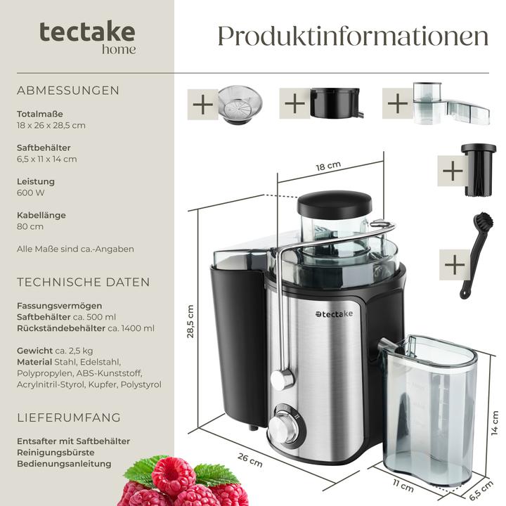 Image du produit tectake Extracteur de jus FRUFI en acier inoxydable à 2 vitesses, 600W