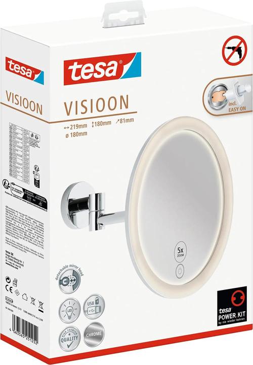Productafbeelding tesa VISIOON LED cosmeticaspiegel met verlichting, 5x vergroting, zwart - Wandmontage zonder boren, zwart (8 x 22 x 18 cm)