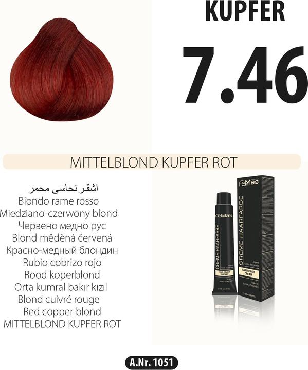 Image du produit FemMas 7.46) Coloration cheveux blond moyen cuivré rouge 100ml (Rouge Cuivre)