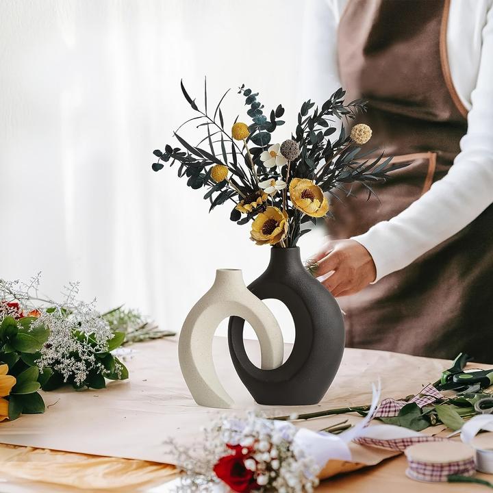 Produktbild Alopini 2er Set Moderne Keramikvasen - Abstraktes Kreuz Design, Boho Chic Donut Blumenvase für