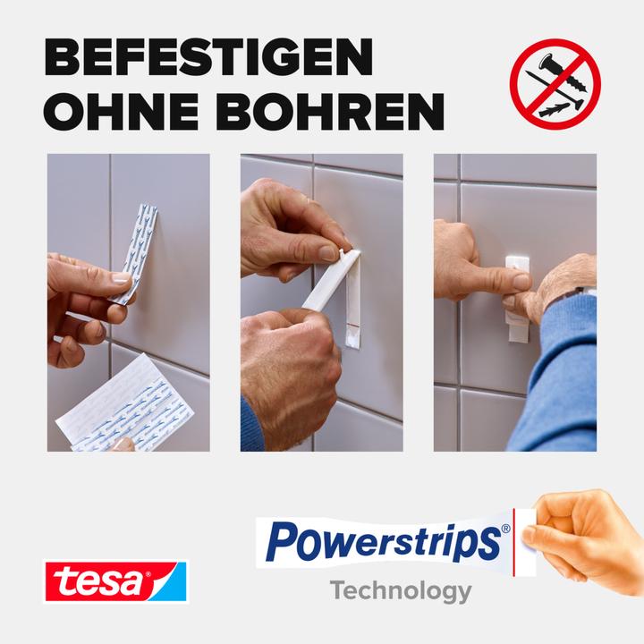 Produktbild tesa Powerstrips für Fliesen & Metall, 3kg Halteleistung, 6x doppelseitige Klebestreifen