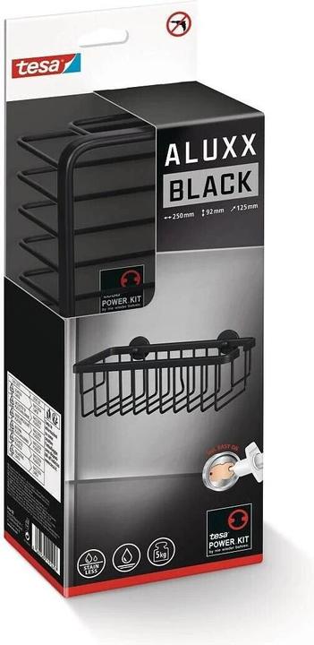 Produktbild tesa ALUXX BLACK Duschkorb inkl. Klebelösung ohne Bohren (25 x 12.5 x 9.5 cm)