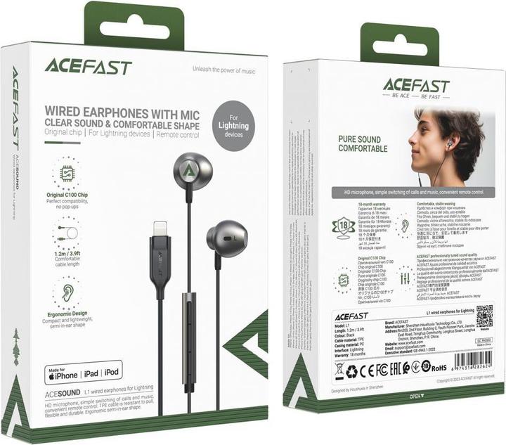 Productafbeelding Acefast Intra-auriculaires L1 met connecteur Lightning 1,2 m - zwart (ANC, Bedraad)