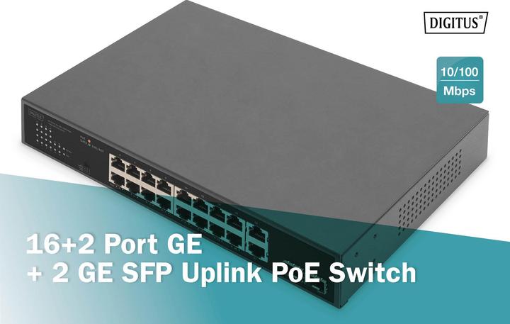 Produktbild Digitus 16+2 Port 10/100/1000 Mbps + 2 Gigabit SFP PoE Switch (18 Ports)