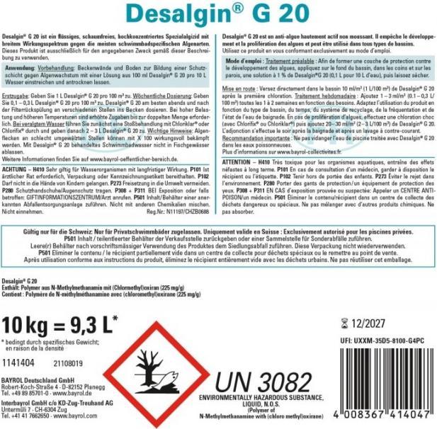 Valori nutrizionali e ingredienti Bayrol Desalgin G20 10kg senza schiuma UN3082 (10000 g)