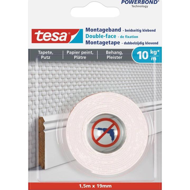 Produktbild tesa Montageband für Tapete & Putz, doppelseitiges Montageklebeband (19 mm)