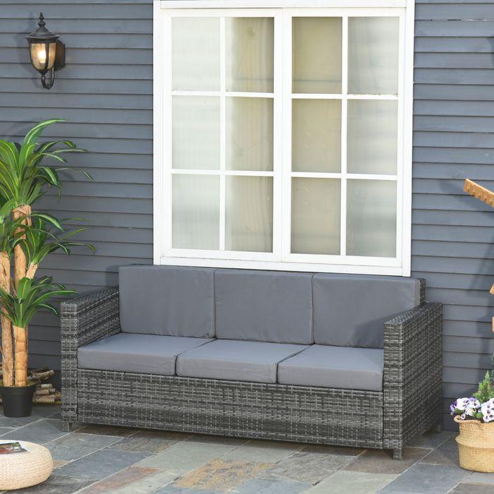 Image du produit Swisshandel24 Poly-Rattan Sofa mit Kissen 3-Sitzer Garten Loungesofa Metall Polyester Grau 185 x 70 x 80 cm